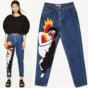 NEW TRF Zara x Ricardo Cavolo Hand Oil Painted Mom Jeans 4 + Belt Dark Wash Rare